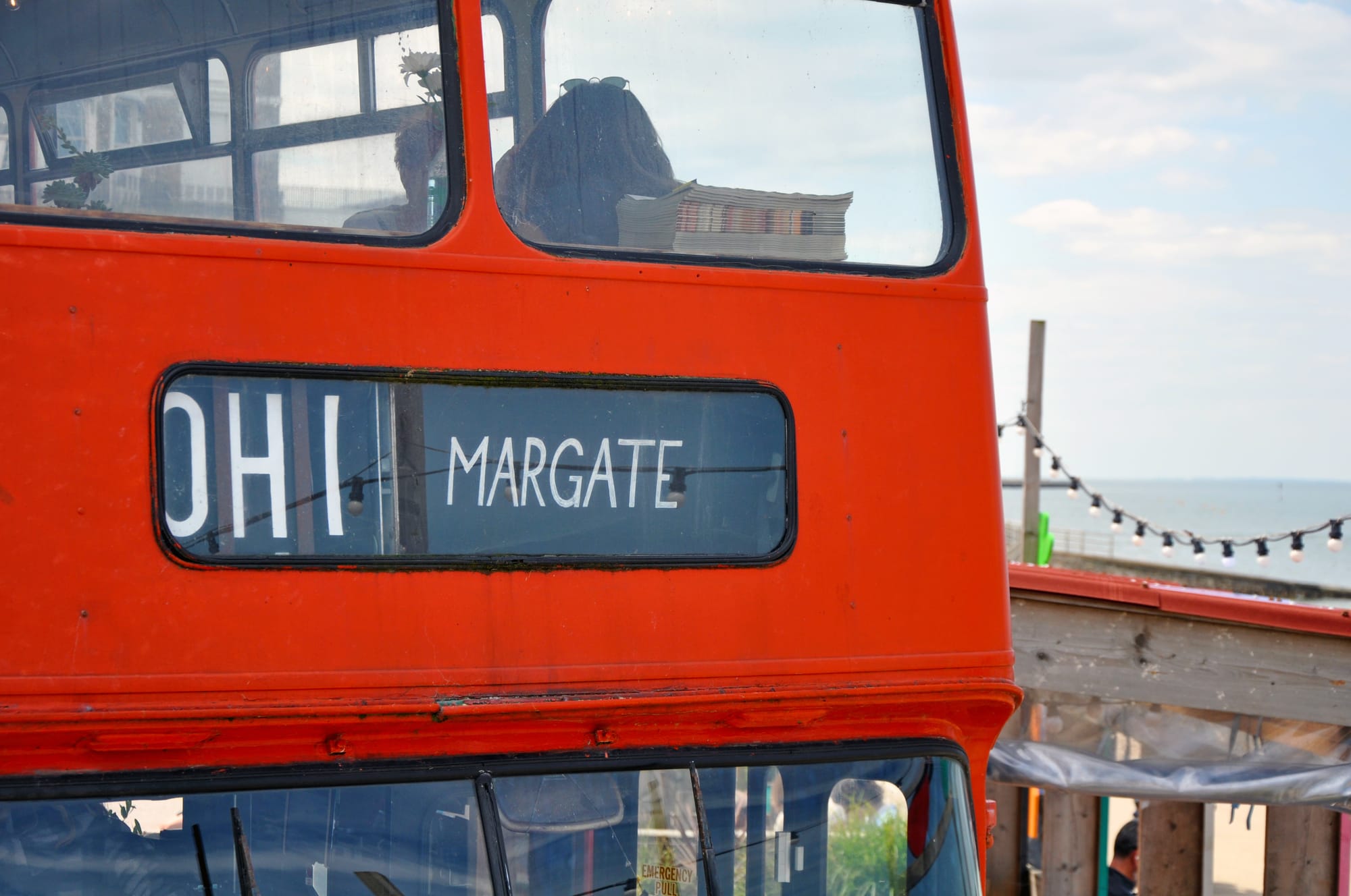 The destination sign on the front of Margate's Bus Cafe