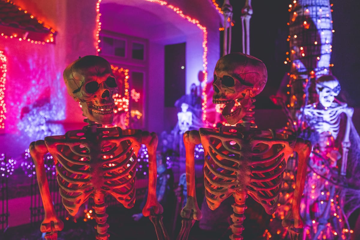 Two skeletons stand in front of a house covered in fairy lights