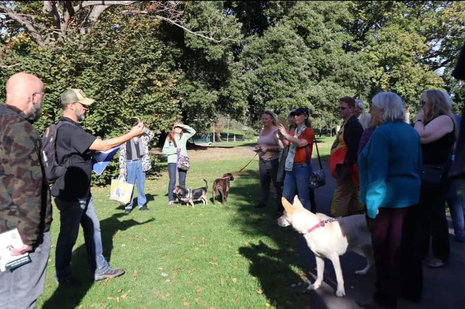 A group of people, some with dogs, stand in a wooded area