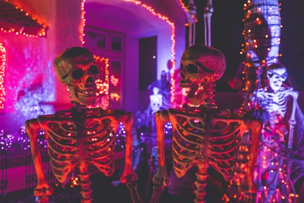 Two skeletons stand in front of a house covered in fairy lights
